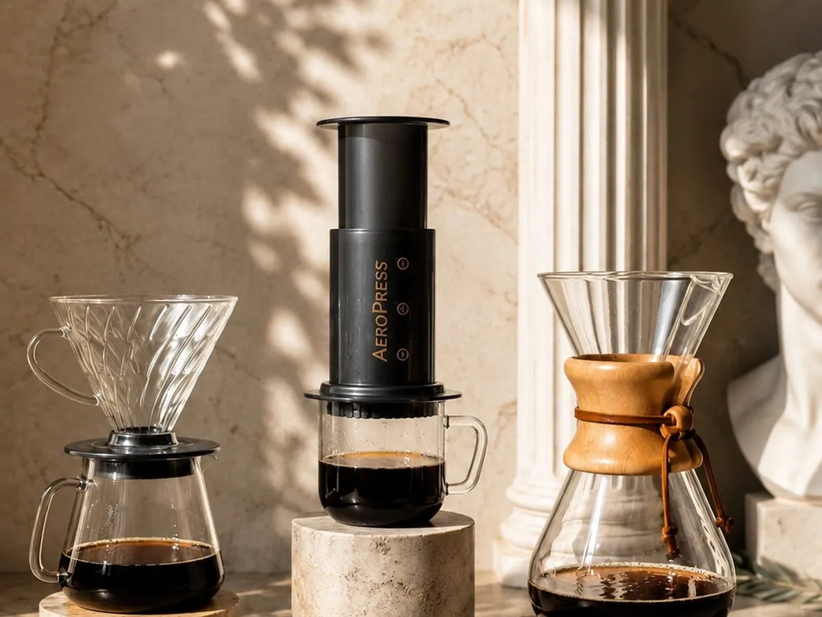 V60, AeroPress y Chemex con café recién filtrado junto a una columna de piedra