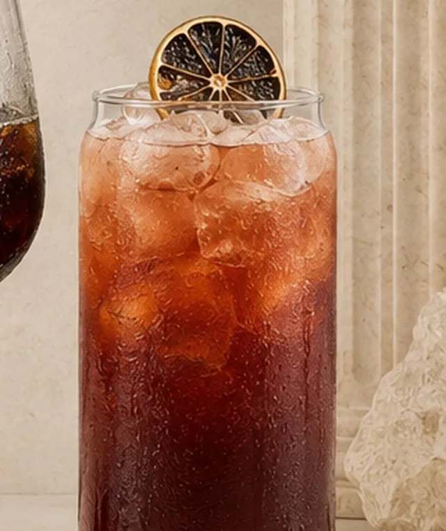 Cold Brew de Corozo servido con hielo en vaso alto, con una rodaja de cítrico deshidratado en el borde