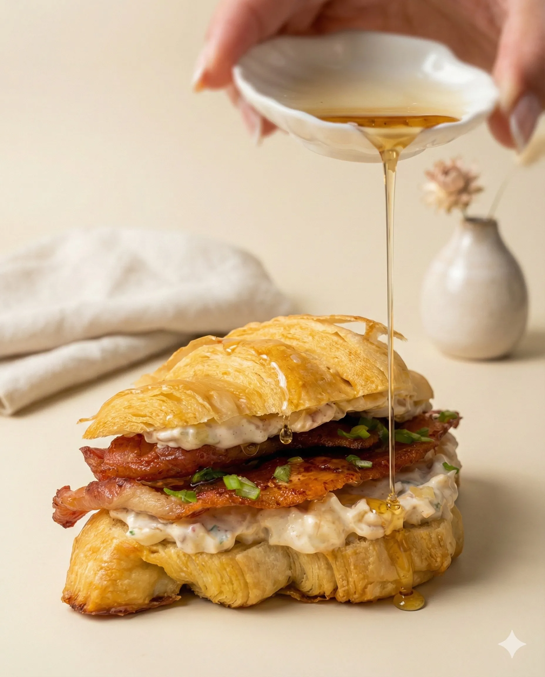 Croissant de tocineta con miel cayendo encima