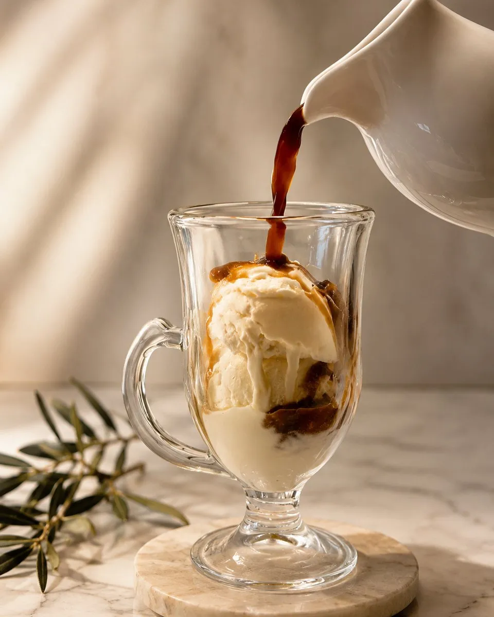 Café recién hecho vertiéndose sobre helado de vainilla en una copa de vidrio