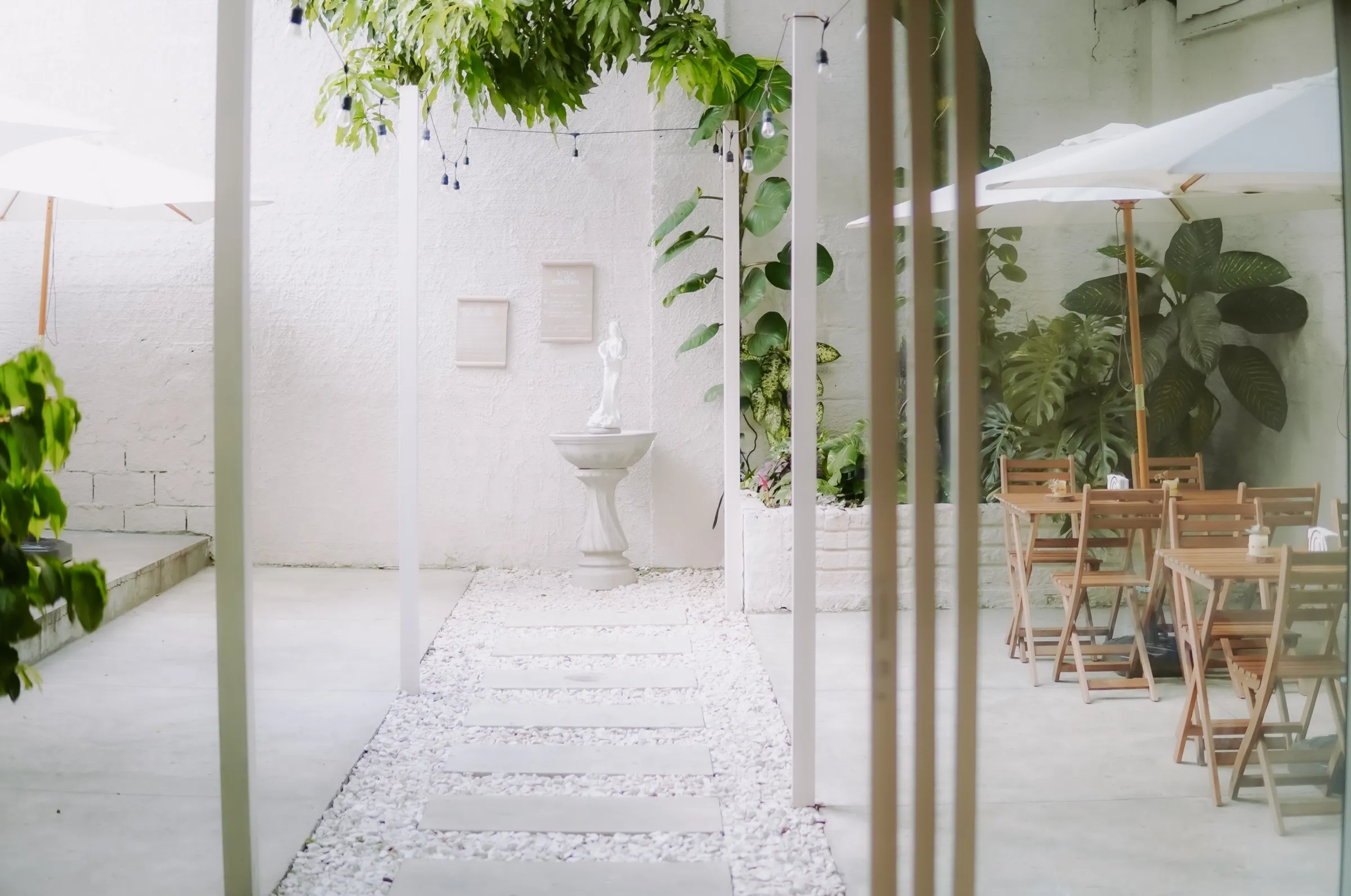 Patio de CAELUS con la fuente, gravilla blanca y plantas