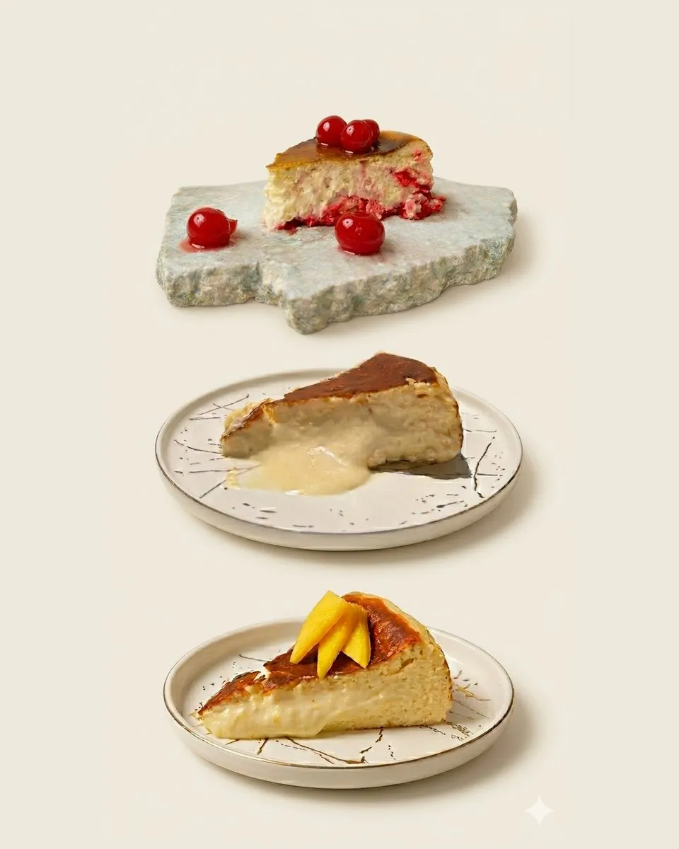 Porción de tarta vasca horneada con cerezas