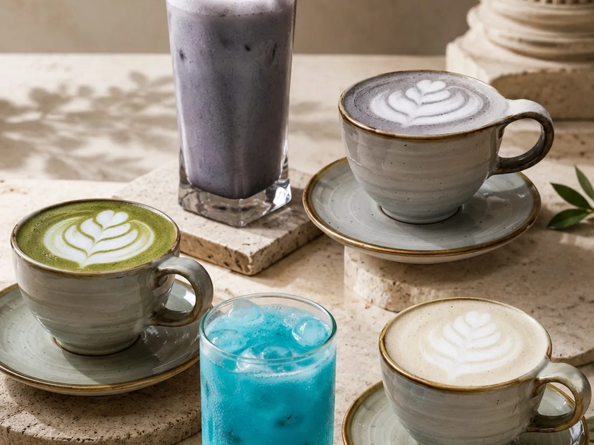 Té matcha, black chai y capuchino servidos sobre piedra